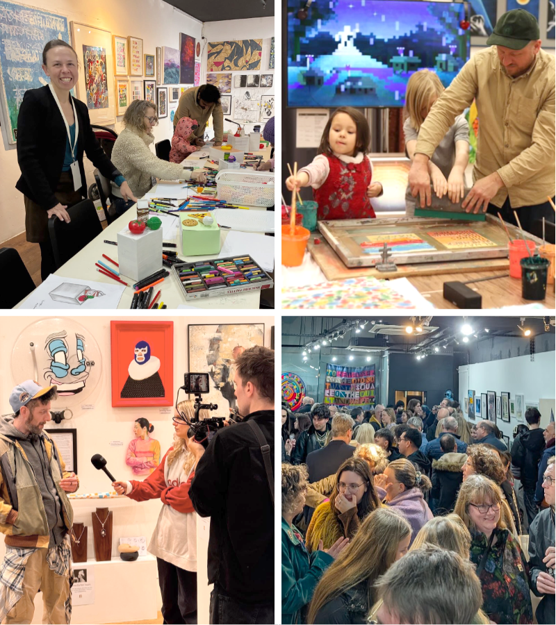 A montage of photos from previous art shows. One shows people drawing with art in the background, one shows a small girl being shown how to screen print, another shows an artist being interviewed in front of his work, the last shows a crowded art show with lots of smiling faces.